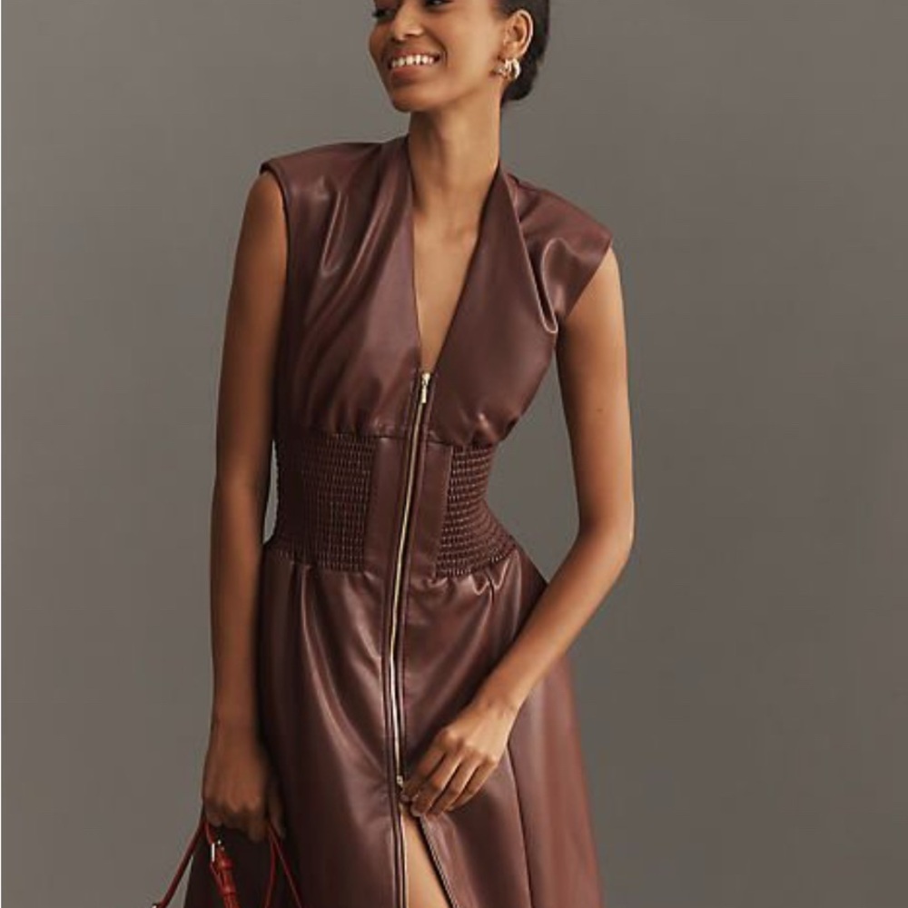 Anthropologie Tommie cap sleeve dress in faux leather brown.